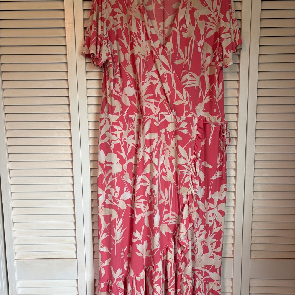 Lane Bryant Floral Pink, White, and Tan Faux Wrap Dress